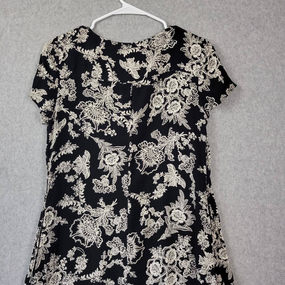 Citron Santa Monica Black Floral SS Faux Wrap Midi Shift Dress Medium Pockets - Picture 8 of 12